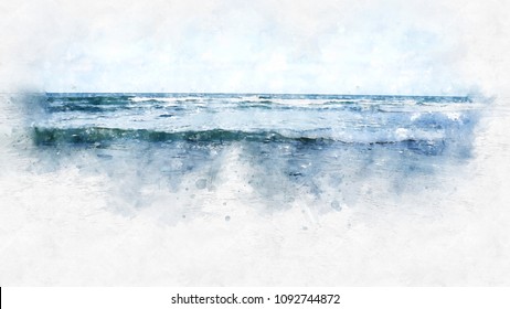 Beach And Sea Water On Watercolor Painting Background.