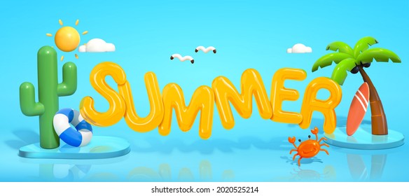 Beach Summer Fun In 3d. Illustration Of Tropical Plants, Aquatic Exercise Equipment And Weather Elements, Etc. On Blue Background