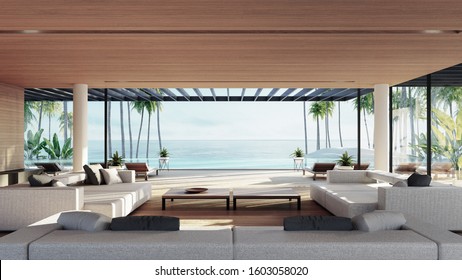Beach Tropical living & Sea view  for Vacation and Summer / interior 3d rendering