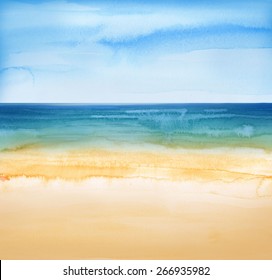 Beach And Tropical Sea Watercolors Painting