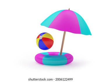 Beach Umbrella And Ball In A Life Ring. 3D Illustration 