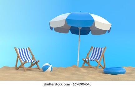 Beach umbrella with chairs and beach accessories on the bright blue background. Summer vacation concept. Minimalism concept. 3D Rendering, 3D Illustration - Powered by Shutterstock