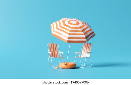 Beach umbrella with chairs and beach accessories on blue background. summer vacation concept. 3d rendering - Powered by Shutterstock