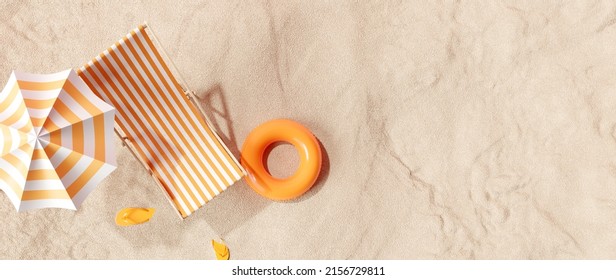 Beach umbrella with chairs, inflatable ring on beach sand. summer vacation concept. 3d rendering
