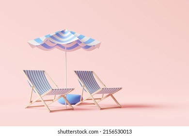 Beach umbrella with chairs on pink background. summer vacation concept. 3d rendering - Powered by Shutterstock