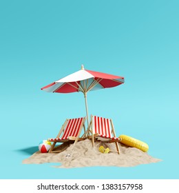 Beach Umbrella With Chairs And Sand On Pastel Blue Background. Summer Vacation Concept. 3d Rendering