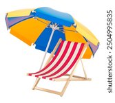 Beach Umbrella with Deckchair, 3D rendering isolated on white background