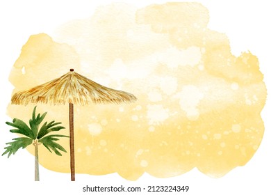 Beach Umbrella And Palm Tree Watercolor Background. Template For Decorating Designs And Illustrations.