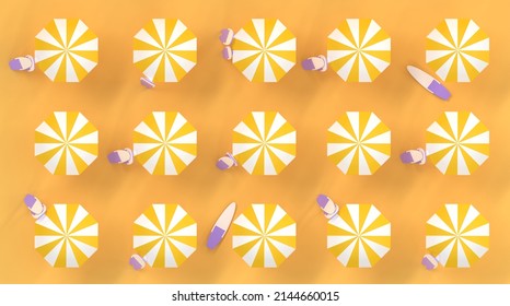 Beach umbrellas with surfboards or sup boards, seamless pattern top view. Active summer vacations, surfing on sea waves. Striped open parasols isolated on yellow background. Modern 3d wallpaper