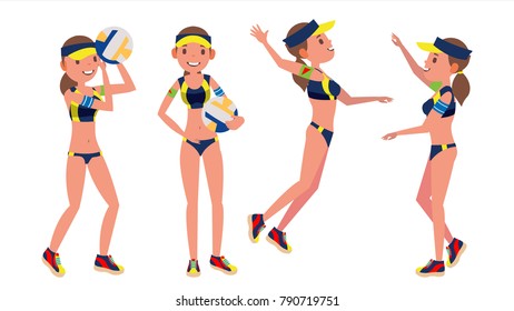 Beach Volleyball Player. Girl. Modern Athlete. Beach Volley. Summer Team Sport. Players In Different Position. Isolated Flat Cartoon Character Illustration - Powered by Shutterstock