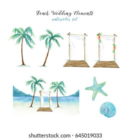 Beach Wedding Elements. Watercolor Set With Palm Trees, Sea Landscape, Shells And Wedding Arches.