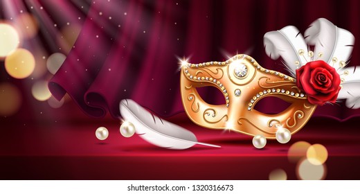 Beads And Golden Mask At Mardi Gras Parade Banner. Rose And Feather Near Colombina Mask As Background For Venice Carnival Invitation. Flyer Or Poster With Curtain For Venetian Holiday.Masquerade Theme