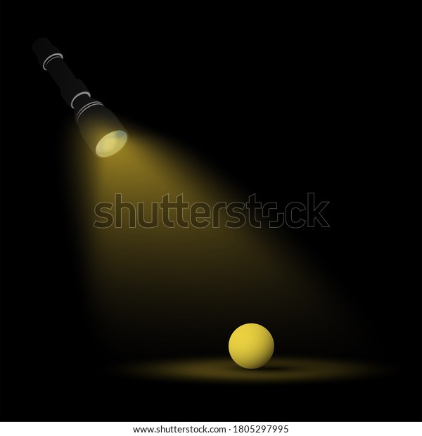 懐中電灯の光が暗い中の黄色い玉に輝く 疑問に対する答えを探す 孤独 暗闇の中をさまよう 抽象的なリアルな3dイラスト のイラスト素材