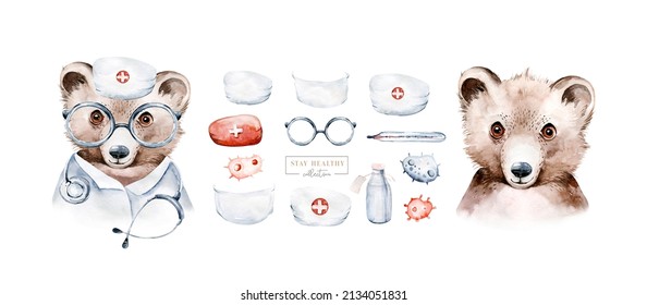 Bear Animal cute doctor watercolor kids illustration isolated white background  Medical children design  Infection protection epidemic mask