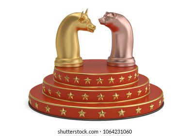 Bear And Bull On Red Podium. 3D Illustration.