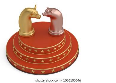 Bear And Bull On Red Podium. 3D Illustration.
