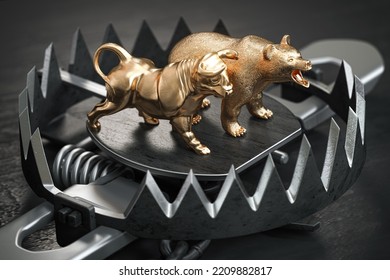 Bear And Bull In A Trap. Debt Trap, Crisis Of Investing And Financial Market Concept. 3d Illustration