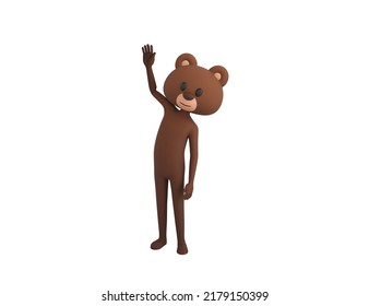 Bear Character Raising Right Hand In 3d Rendering.