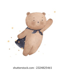 The bear cub flies among the stars. Cute watercolor illustration. Vintage style. - Powered by Shutterstock