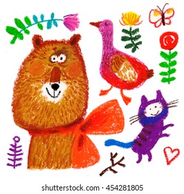 Bear  goose   cat  Flowers  leaves  branch  Red  orange  yellow  brown  black  purple  green  blue  Drawn oil pastel paper  Characters 