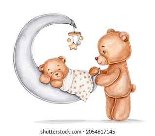 Bear mom   sleeping baby; watercolor hand drawn illustration; and white isolated background
