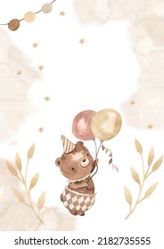 Bear On Balloon Watercolor Template For Nursery, Baby Shower, Invitation For Birthday Party 