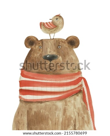 Bear in a scarf with a bird on his head. Watercolor illustration, hand drawn