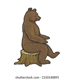 Bear Sits On Tree Stump Color Sketch Engraving Raster Illustration. T-shirt Apparel Print Design. Scratch Board Imitation. Black And White Hand Drawn Image.