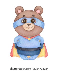 Bear Super Hero, Childrens Watercolor Illustration, Printable 