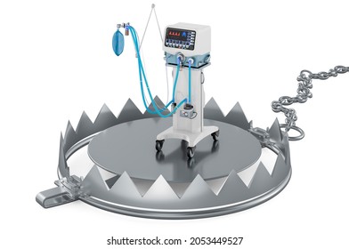 Bear Trap With Medical Ventilator, ICU. 3D Rendering Isolated On White Background