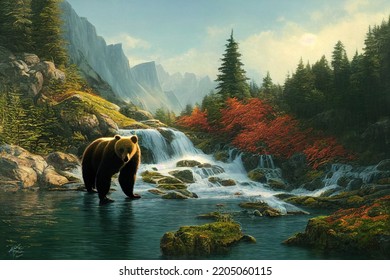 Bear And Waterfall Nature Scenery Mountain
