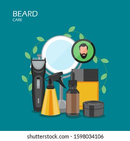 Beard Care Flat Illustration. Hair Shaving Machine Or Trimmer, Water Spray Bottle, Mirror, Aftershave Oil, Cream, Eau De Toilette. Beard Grooming Kit For Web Banner, Website Page Etc.