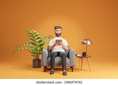 Beard cartoon character man using digital tablet at gray armchair over yellow background watching movie or  masterclass. Online education concept. 3d render illustration.