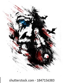 A bearded berserker with an ax and a shield, with a naked torso, shouts furiously against the background of the face of the god Odin, whose eye glow blue with blood. Ink stylization. 2D illustration