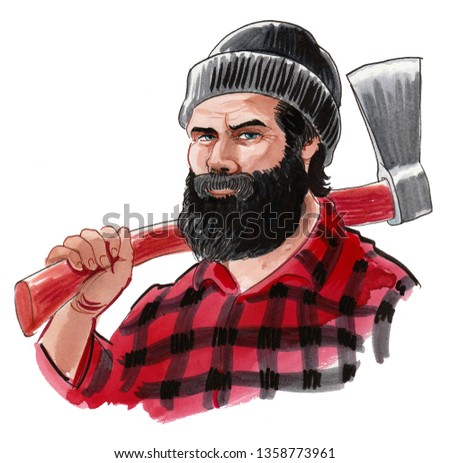 Bearded Canadian logger with an ax. Ink and watercolor illustration