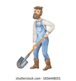 Bearded Farmer In Overalls With A Shovel. Watercolor Isolated Illustration. Man Gardener.