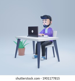 Bearded Guy Sitting In Front Of Laptop, Man Work On Computer. Freelancer, 3D Render, 3D Illustration