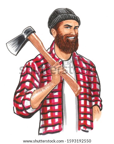 Bearded lumberjack with ax. Ink and watercolor illustration