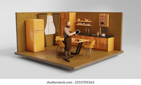 Bearded man in apron holding tablet in yellow retro-style kitchen, combining traditional cooking with modern technology. 3D model of vintage-inspired kitchen interior. Concept of food preparation - Powered by Shutterstock