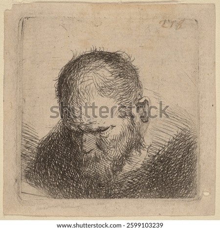 Bearded Man Looking Down (possibly 1631) by Dutch 17th Century and Rembrandt van Rijn. Vintage art illustration. Old hand drawn illustration, vintage artwork.