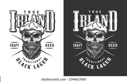 Bearded And Mustached Irish Skull Label With Tweed Cap In Vintage Monochrome Style Isolated Illustration