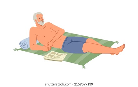 Bearded senior man sunbathing on blanket at seashore isolated flat cartoon character relaxing on beach. Summer vacation, recreation at seaside, adult person in swimwear, shirtless tourist relaxing - Powered by Shutterstock