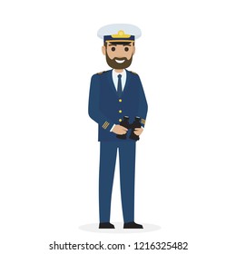 Bearded Smiling Captain In Blue Toggery Keeps Black Binoculars Isolated On White.  Illustration Of Mariner Or Seaman