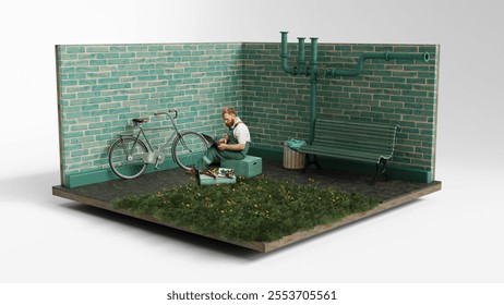 Bearded young man in overalls repairing bicycle in retro-style green courtyard with brick wall and bench. 3D model of outdoor scene. Concept of profession, work, lifestyle, architecture - Powered by Shutterstock