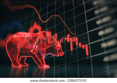 Bearish tock market crash and economy crisis concept with digital red bear and glowing financial chart candlestick and diagram on dark blurry background with indicators. 3D rendering ストックフォト © 