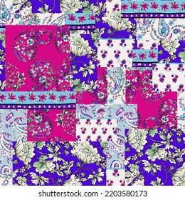 Beatiful Patchwork Green Pattern Textile Seample Flowers Floral Color Colorful Design Concept Decor