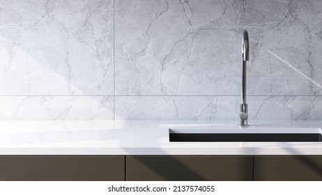 Beautiful 3D Render Of Blank Empty Space Kitchen Counter Top And Marble Wall With Washing Sink And Faucet. Household Products Overlay Display Or Mock Up Background, Gray, Modern, Cabinet, Stainless.