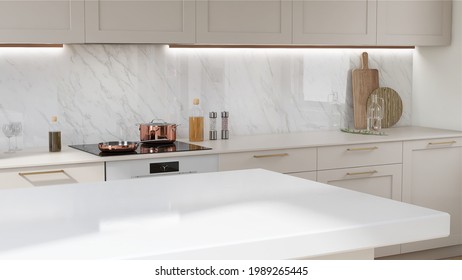 Beautiful 3D rendering of a modern kitchen with white granite island in an urban apartment and blank space for household products display or mock up. Morning sunlight, Background, Marble countertop.