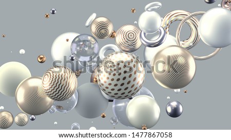 Beautiful abstract background with volume elements, balls, texture, lines. 3d illustration, 3d rendering.