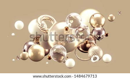 Beautiful abstract background with volume elements, balls, texture, lines. 3d illustration, 3d rendering.
